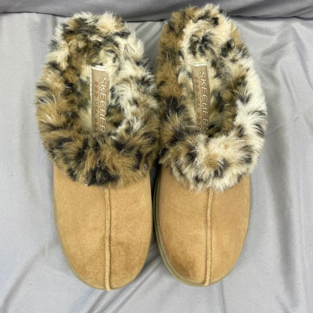Skechers Kids Leopard Faux‎ Fur Platform Mules Tan Suede Lug Sole 46064 Size 5.5